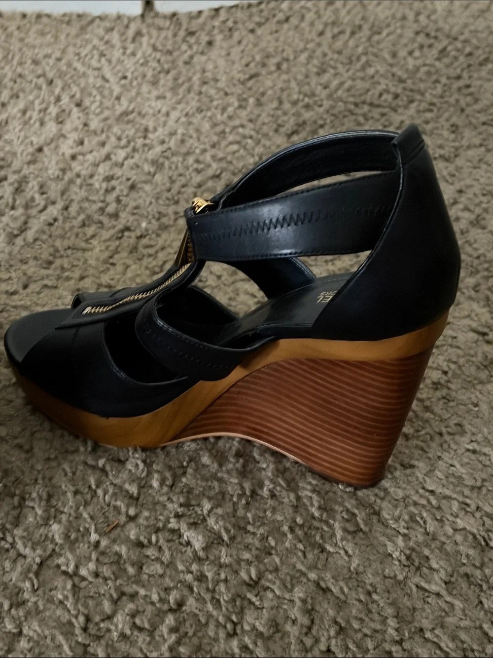 Michael Kors Black Leather Peep-Toe Wedge Sandals with Gold Zip Accent